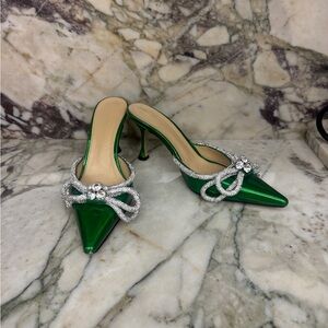 MACH & MACH Green Heels with Silver Rhinestone Bow